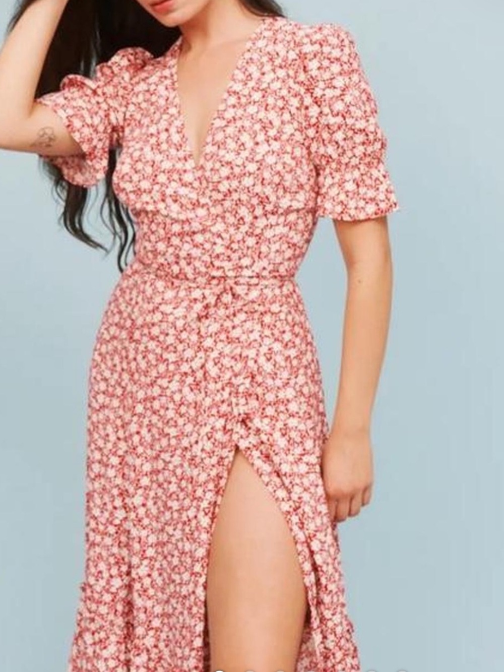 Reformation Pink Floral Wrap Midi Dress